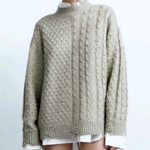 NWOT Zara Oversized Light Gray Cable Knit Sweater W Distressing Rhinestone Studs